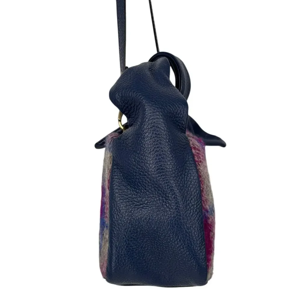 Sundance Soire Knotted Bag Blue Leather Wool Magenta Plaid Crossbody